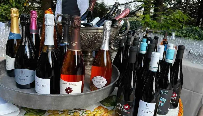 Bottiglie di vino, tra cui Pinot Nero, pronte per essere servite in un evento all'aperto.