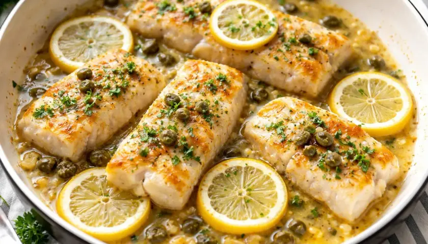 Merluzzo con cipolle in bianco, guarnito con capperi, prezzemolo e fette di limone, in una padella.