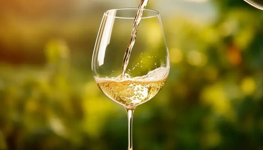 Versando un vino bianco dorato, un Trebbiano d'Abruzzo, in un calice su un tavolo di legno, con uno sfondo sfocato di vigneti al tramonto.