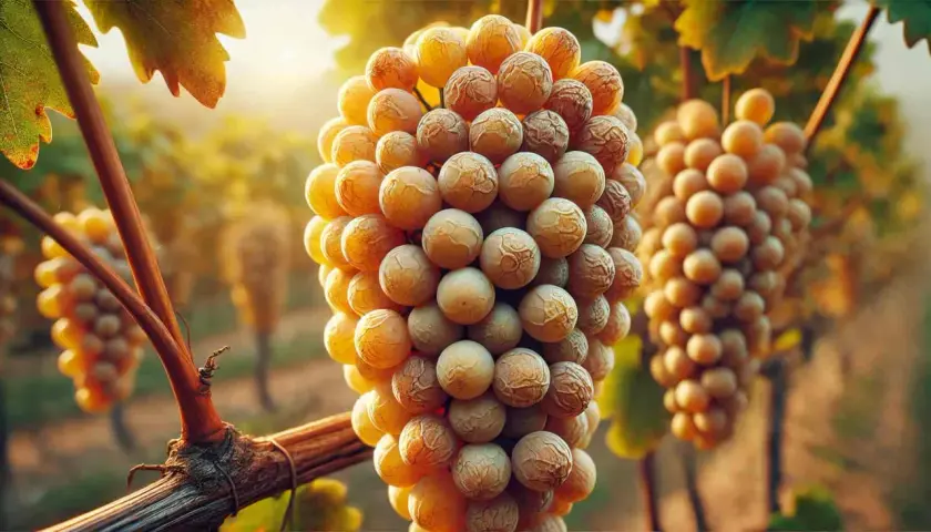 Grappoli dorati di uva matura, pronti per la vendemmia tardiva. La luce del sole illumina i chicchi dolci e succosi, promettendo un vino eccezionale.