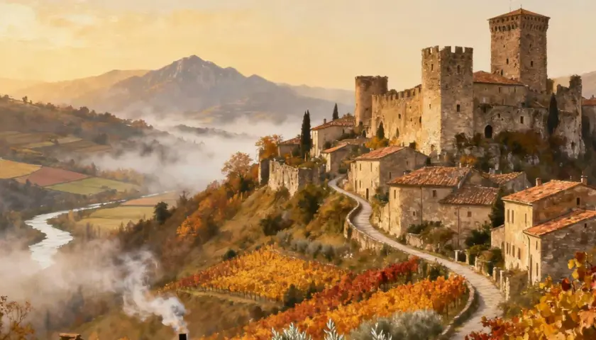 Borghi medievali vicino Pavia, un castello domina un villaggio tra vigneti autunnali e nebbia mattutina.