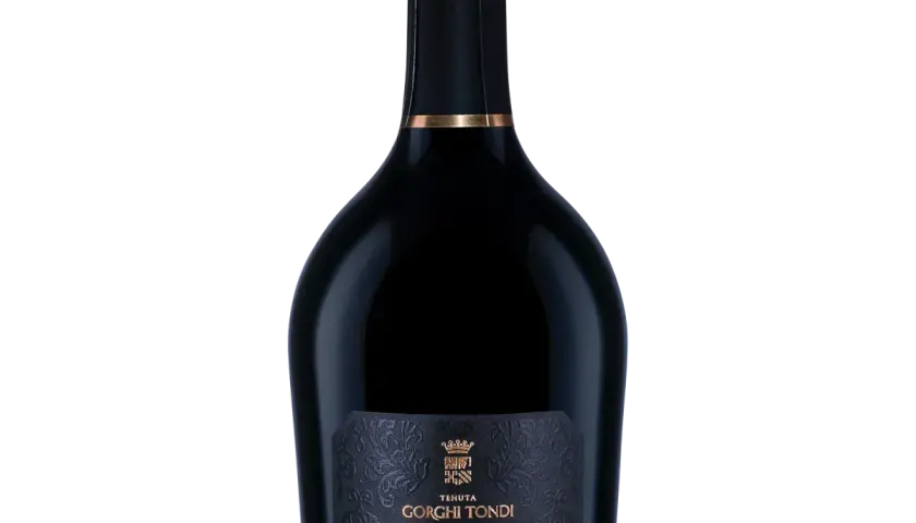 Bottiglia di vino rosato Millesimato, prodotto con metodo classico. Elegante etichetta nera con dettagli dorati.