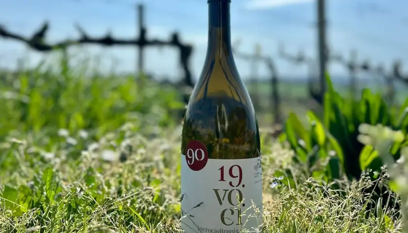 Bottiglia di vino bianco in un campo d'erba, con vigneti sfocati sullo sfondo. L'etichetta recita "Incrocio Bruni".