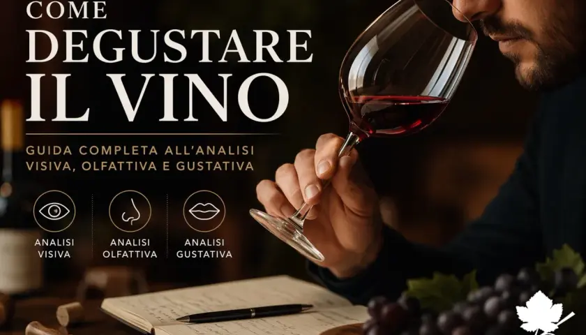 Uomo annusa un bicchiere di vino rosso, guida alla degustazione. Immagine evoca la ricchezza dei vini lucani.