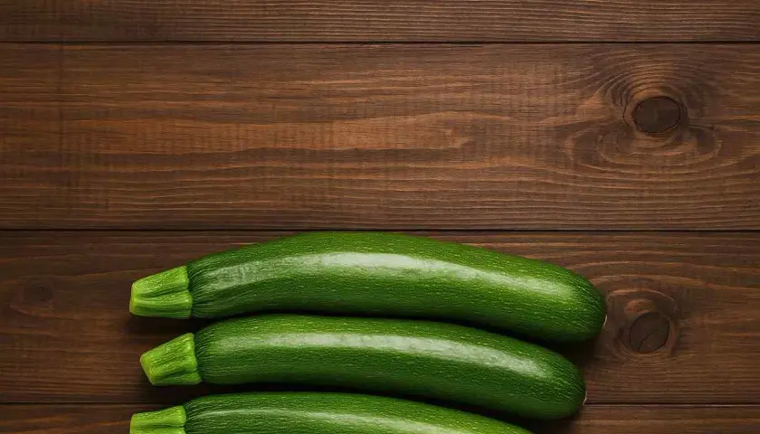 Tre zucchine fresche su un tavolo di legno scuro, pronte per fantastiche ricette con zucchine.