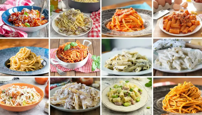 Collage di piatti di pasta asciutta: spaghetti alle vongole, penne alla crema, rigatoni al sugo e altre delizie.