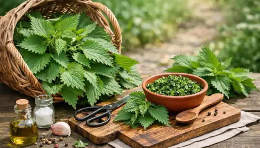 Ortica fresca raccolta in un cesto, pronta per deliziose ricette. Ingredienti per un pesto di ortica: olio, sale, aglio, pepe e forbici.