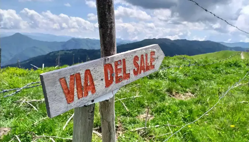 Cartello in legno "Via del Sale Varzi" su un sentiero montano verdeggiante, con cielo nuvoloso e montagne sullo sfondo.