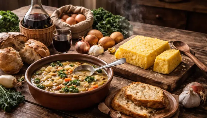 Un ricco banchetto di cucina contadina: zuppa fumante, polenta dorata, pane rustico, uova fresche e vino rosso.