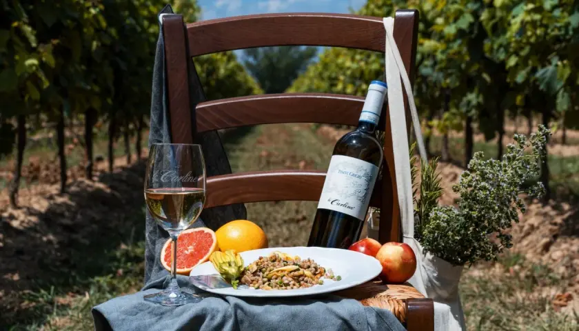 Un bicchiere e una bottiglia di Pinot Grigio, con le sue fresche caratteristiche, accompagnano un piatto di cereali e frutta in un vigneto.