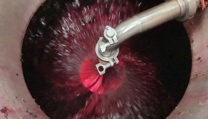 Il rimontaggio del vino in vasca, con il mosto rosso che vortica attorno a un ugello metallico.