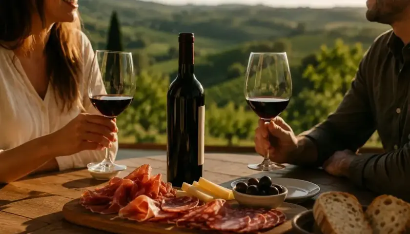 Coppia brinda con vino rosso su una terrazza con vista su dolci colline. Tagliere di salumi, formaggi e olive. Un momento di dolce stradella.