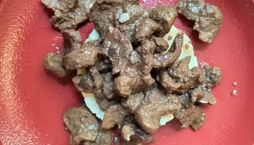 Un succulento piatto di frittura di maiale, servito su una base di patate, su un piatto rosso.