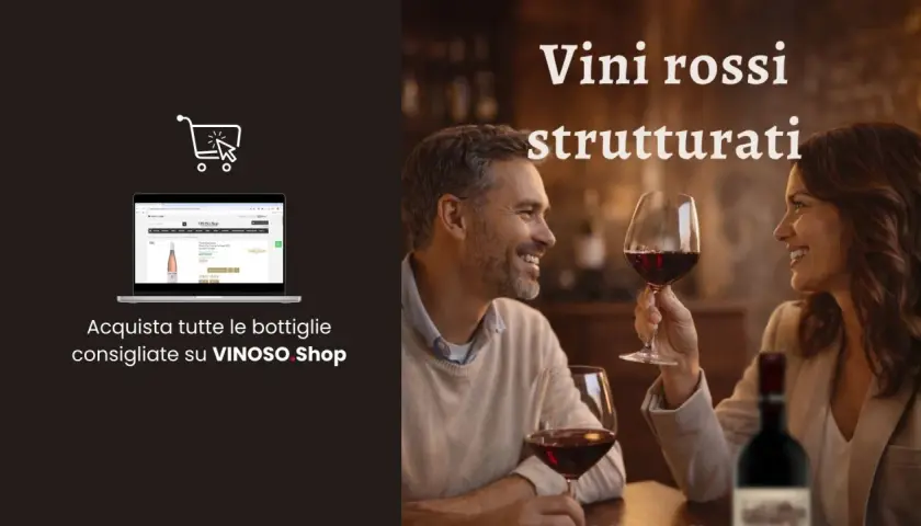 Coppia felice degusta vini rossi strutturati. Acquista bottiglie consigliate su VINOSO Shop.