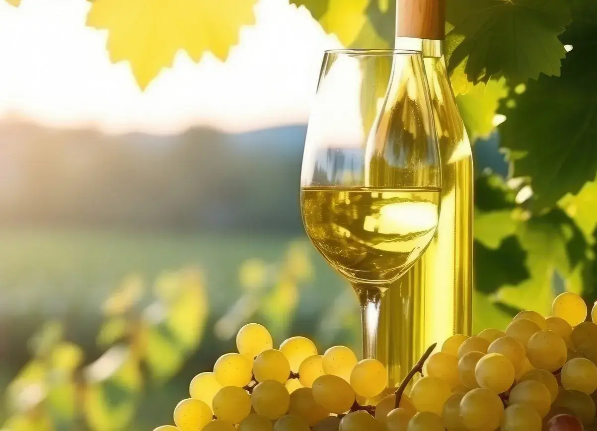 Calice di vino bianco dorato, bottiglia e grappoli d'uva su sfondo sfocato di vigneti. Un assaggio dei migliori vini del Collio.