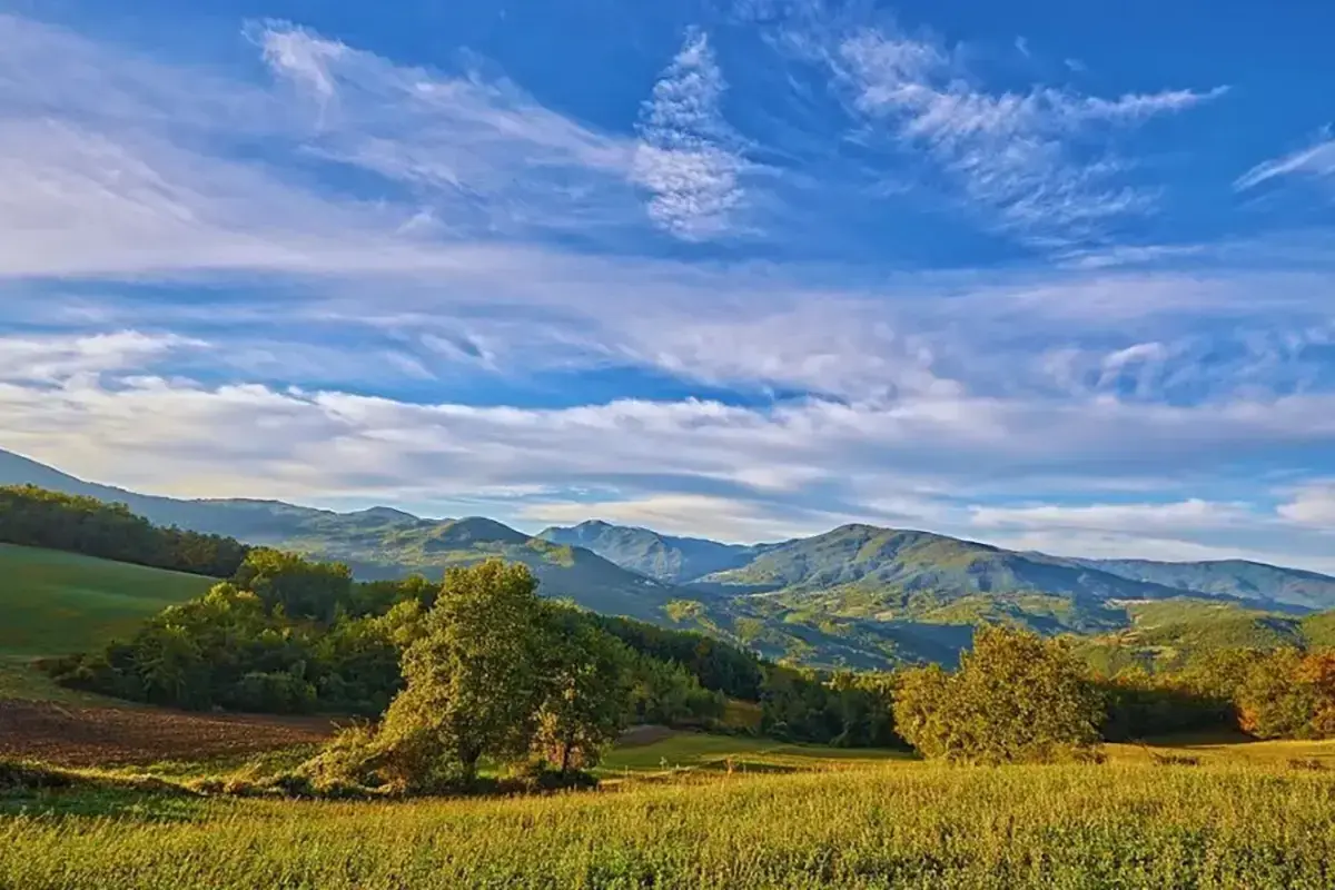 Valli della Staffora sotto un cielo azzurro con nuvole bianche. Colline verdi e alberi in primo piano.