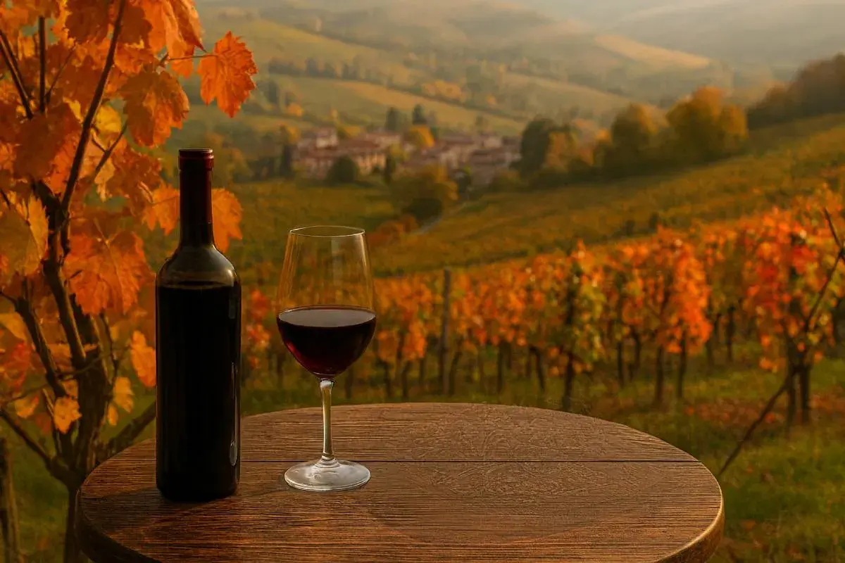 Un bicchiere di vino rosso e una bottiglia su un tavolo di legno, con vigneti autunnali sullo sfondo. Un assaggio della storia del vino.