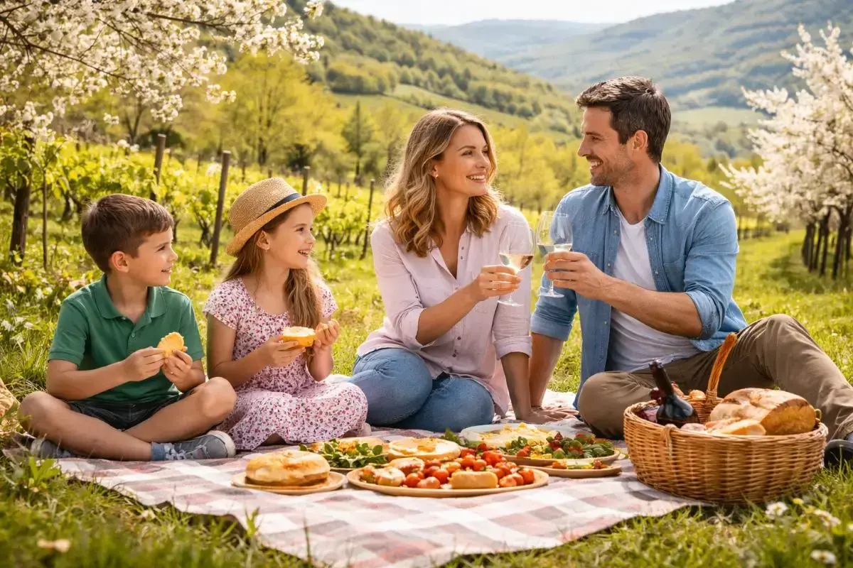 Famiglia felice in un rigoglioso pic nic oltrepo pavese, tra vigneti e alberi in fiore, con cibo delizioso e vino.
