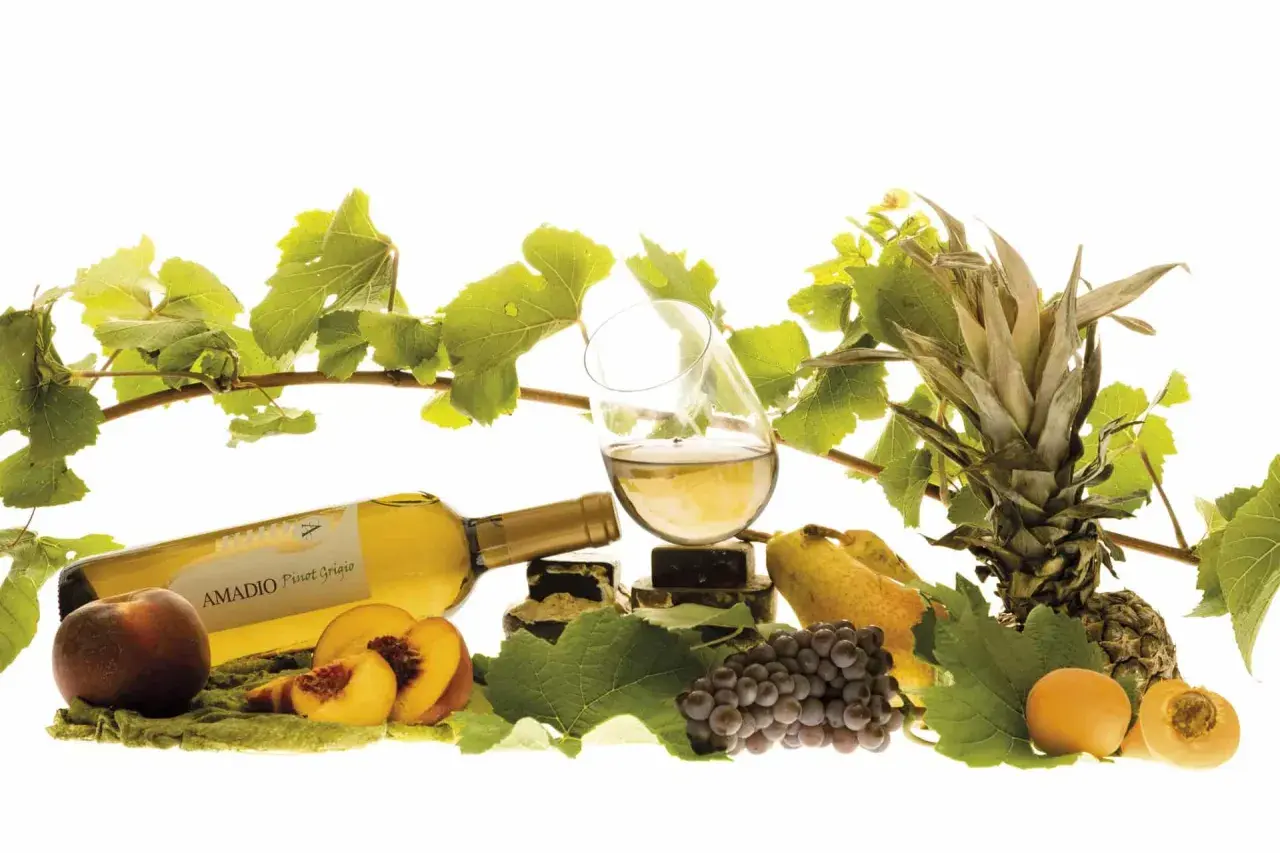 Un bicchiere di Pinot Grigio, fermo o frizzante, accanto a frutta fresca e grappoli d'uva.