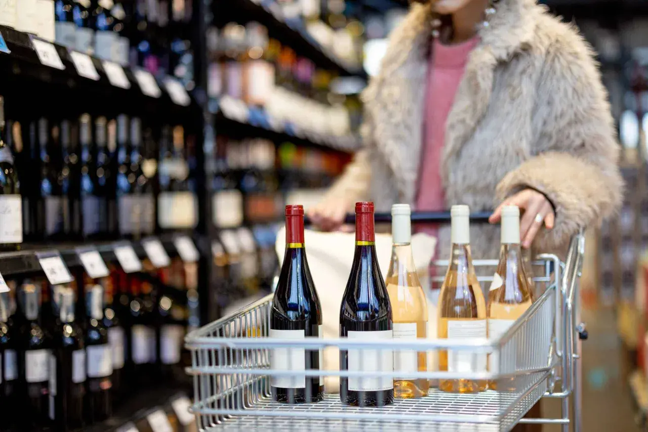 Carrello pieno di bottiglie di vino, tra cui un rosso intenso e rosati, pronto per essere portato a casa. Perfetto per una cena con amici, magari accompagnato da un buon gutturnio vino.