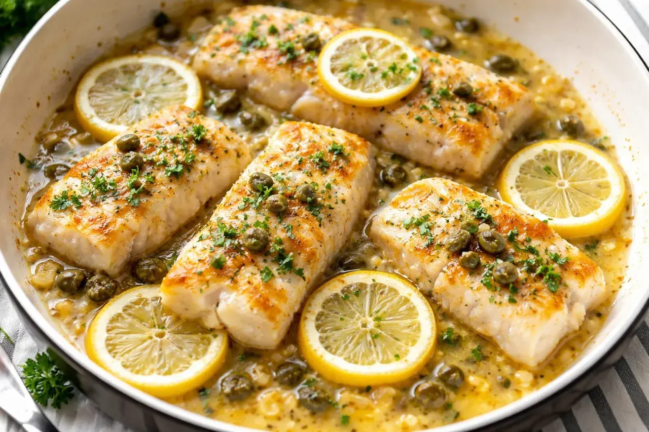 Merluzzo con cipolle in bianco, guarnito con capperi, prezzemolo e fette di limone, in una padella.
