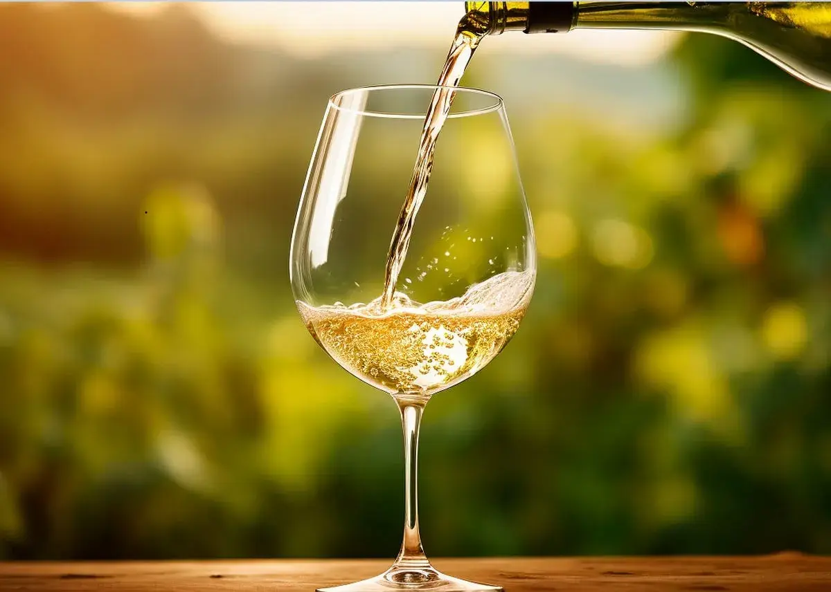 Versando un vino bianco dorato, un Trebbiano d'Abruzzo, in un calice su un tavolo di legno, con uno sfondo sfocato di vigneti al tramonto.