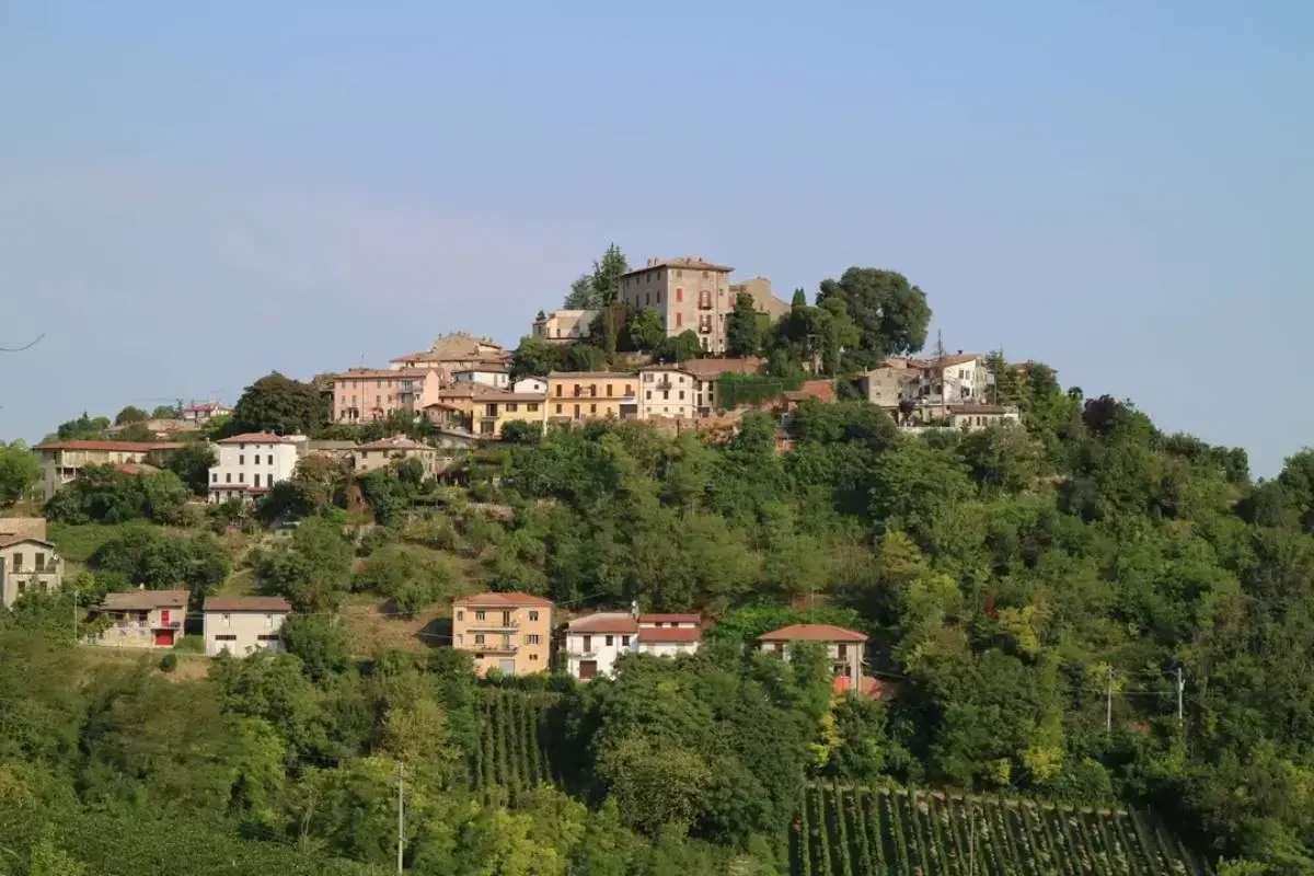 Borgo collinare di Montu Beccaria, con case colorate e vigneti rigogliosi sotto un cielo azzurro.