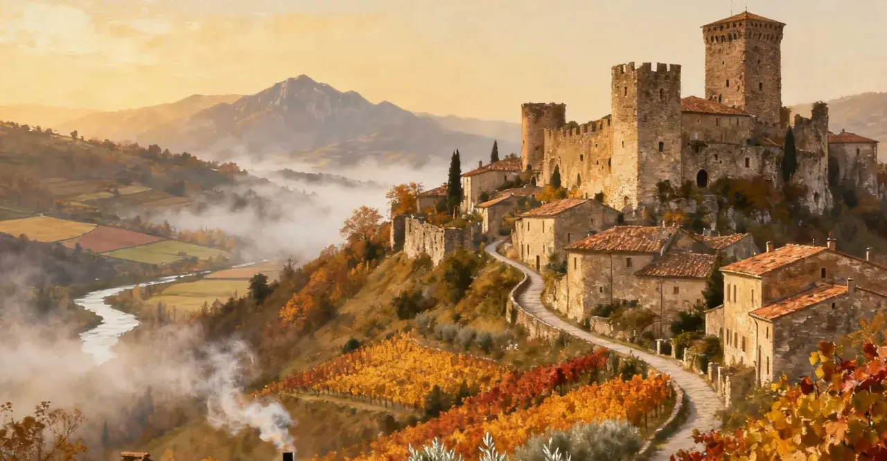 Borghi medievali vicino Pavia, un castello domina un villaggio tra vigneti autunnali e nebbia mattutina.
