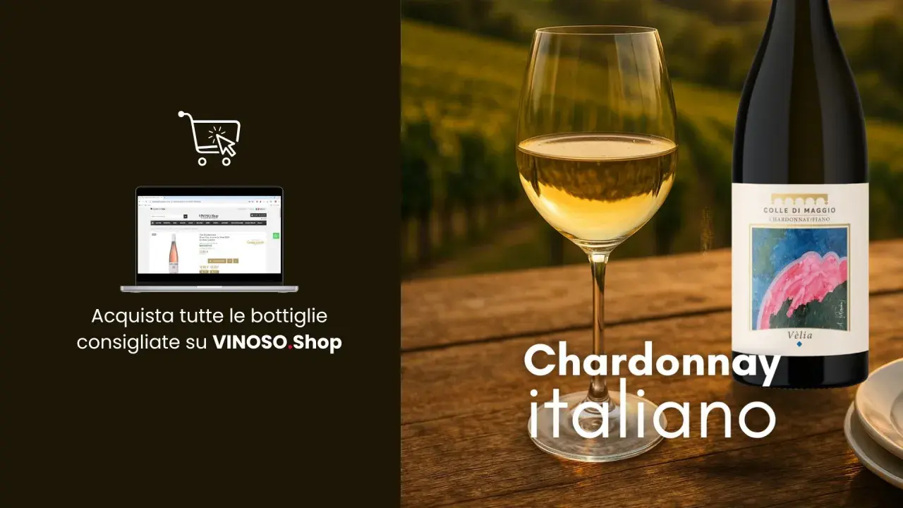 Calice di Chardonnay italiano, con bottiglia e vigneti sullo sfondo. Scopri le caratteristiche di questo vino.
