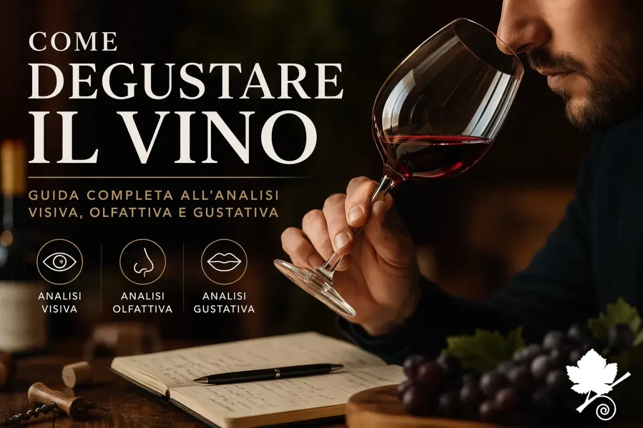 Uomo annusa un bicchiere di vino rosso, guida alla degustazione. Immagine evoca la ricchezza dei vini lucani.
