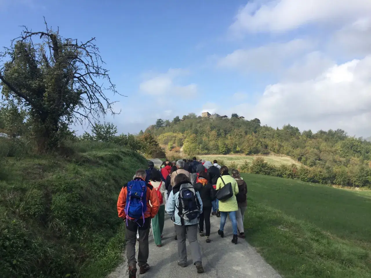 Gruppo di escursionisti sul sentiero delle fontane, con colline boscose e un borgo in cima.
