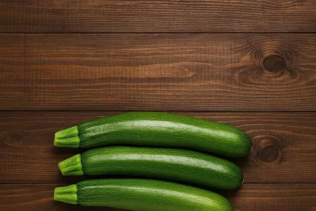 Tre zucchine fresche su un tavolo di legno scuro, pronte per fantastiche ricette con zucchine.