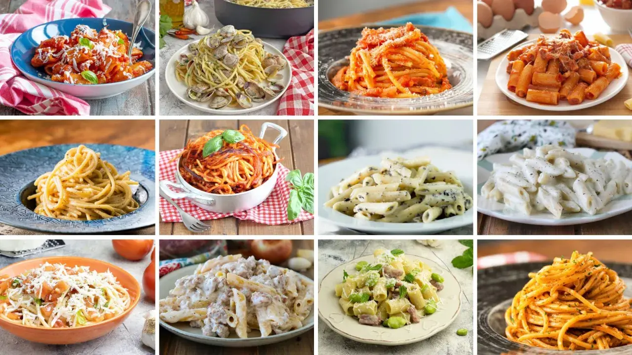 Collage di piatti di pasta asciutta: spaghetti alle vongole, penne alla crema, rigatoni al sugo e altre delizie.