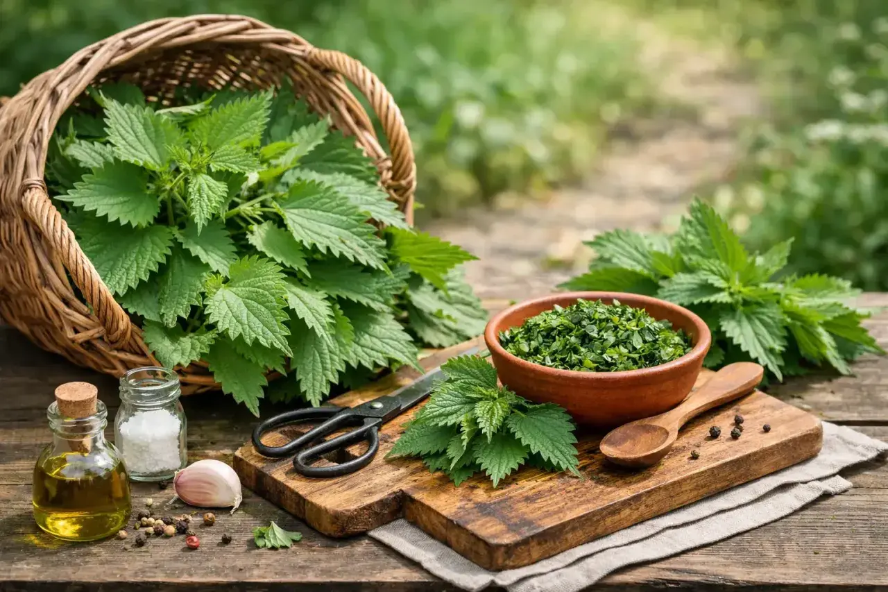 Ortica fresca raccolta in un cesto, pronta per deliziose ricette. Ingredienti per un pesto di ortica: olio, sale, aglio, pepe e forbici.