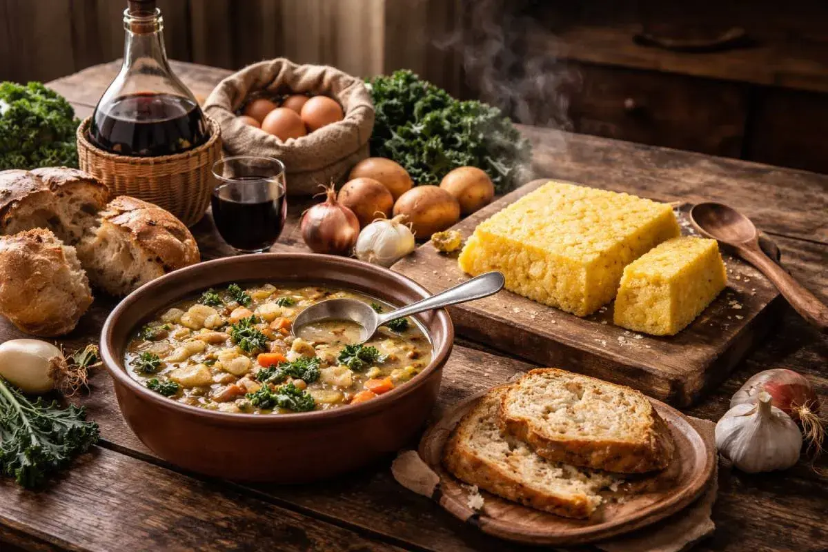 Un ricco banchetto di cucina contadina: zuppa fumante, polenta dorata, pane rustico, uova fresche e vino rosso.