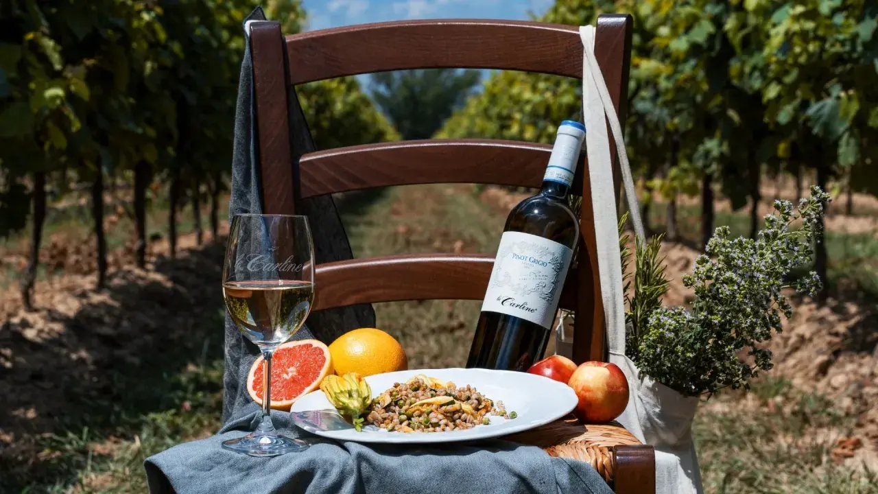 Un bicchiere e una bottiglia di Pinot Grigio, con le sue fresche caratteristiche, accompagnano un piatto di cereali e frutta in un vigneto.