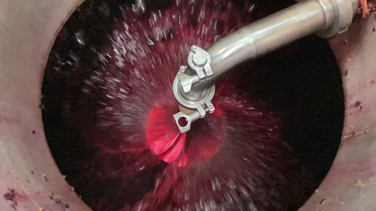 Il rimontaggio del vino in vasca, con il mosto rosso che vortica attorno a un ugello metallico.