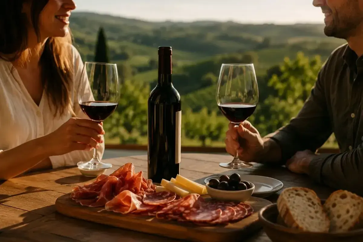 Coppia brinda con vino rosso su una terrazza con vista su dolci colline. Tagliere di salumi, formaggi e olive. Un momento di dolce stradella.