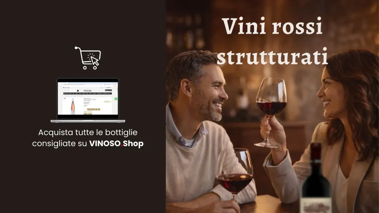 Coppia felice degusta vini rossi strutturati. Acquista bottiglie consigliate su VINOSO Shop.