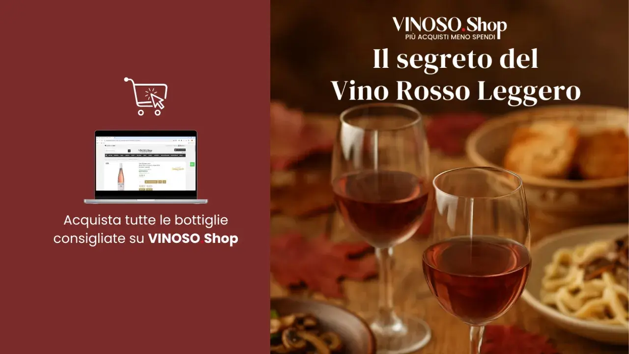 Il segreto del vino rosso leggero: acquista le bottiglie consigliate su VINOSO Shop. Due calici di vino rosato e un piatto di pasta.