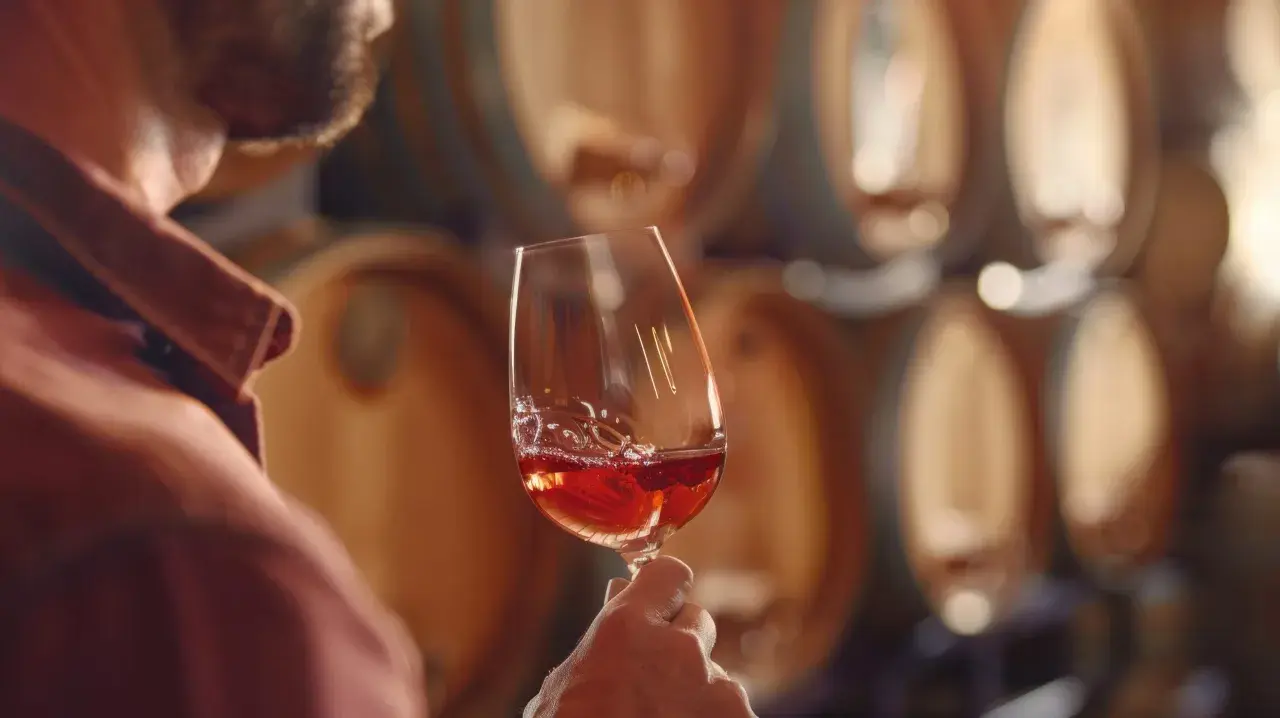 Uomo degusta vino rosso in cantina, tra botti di legno. Un assaggio del vero super tuscany.