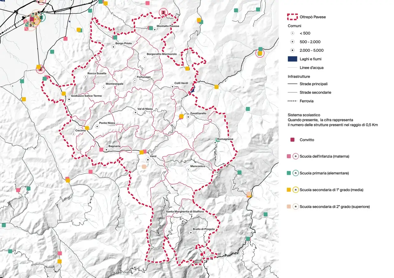 Mappa dell'Oltrep&ograve; Pavese, con indicazioni su comuni, scuole e infrastrutture. Voghera dove si trova &egrave; evidenziata da cerchi con numeri.