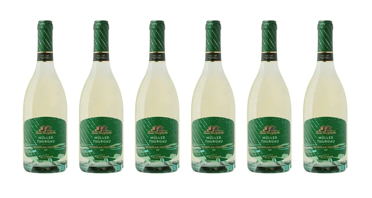 Sei bottiglie di vino bianco M&uuml;ller Thurgau, con etichette verdi e dettagli dorati, pronte per essere gustate.