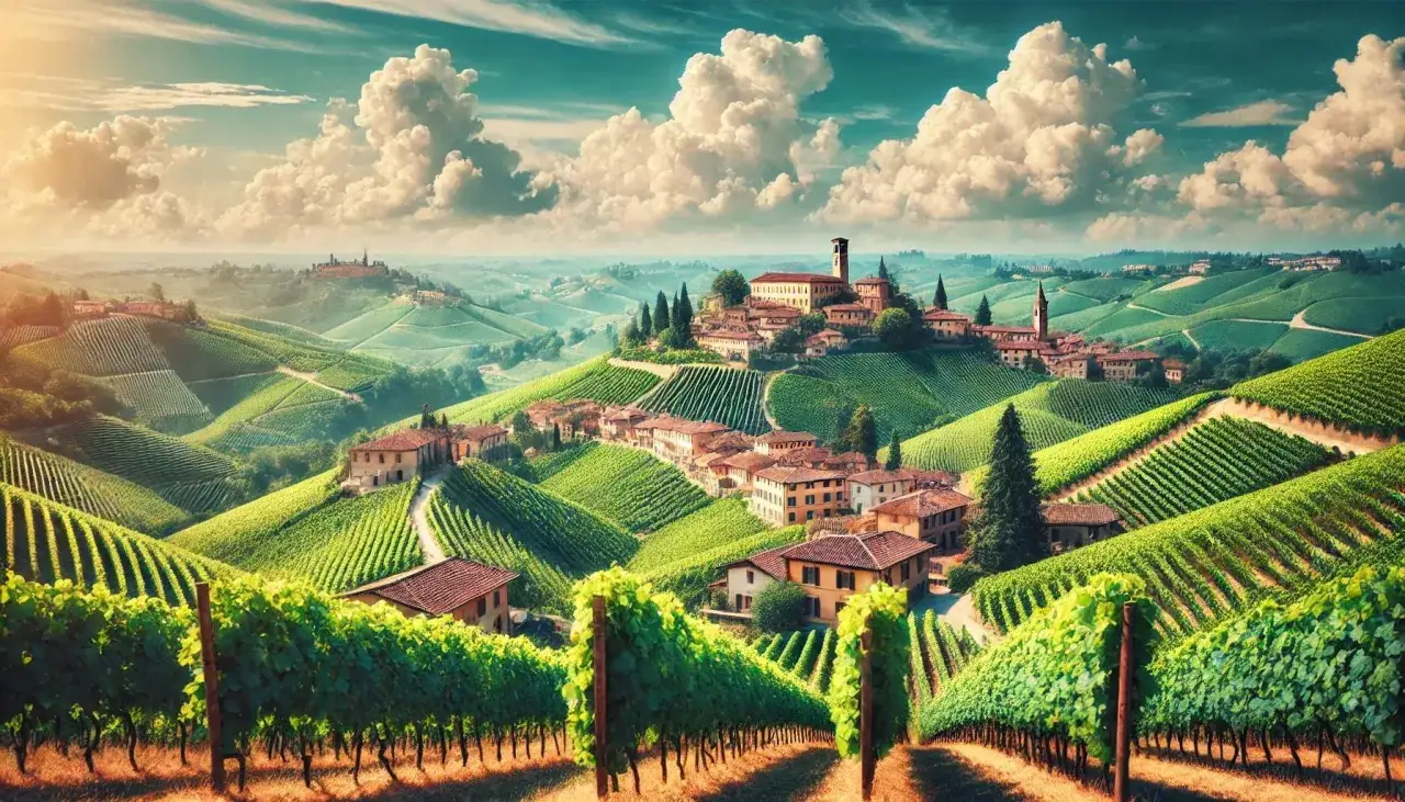 Colline ondulate con vigneti verdi lussureggianti, un borgo italiano e il sole che illumina il paesaggio. Le caratteristiche del cabernet franc si percepiscono in questa terra fertile.