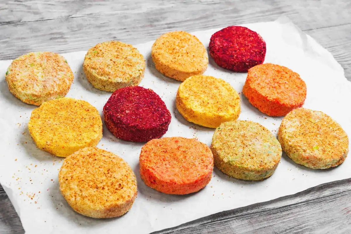 Dodici hamburger vegetali colorati, pronti per una gustosa ricetta. Diverse tonalit&agrave; di rosso, arancione e giallo.
