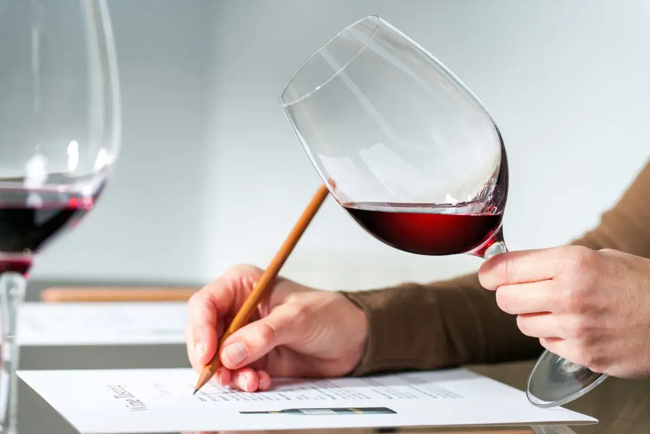 Mano che tiene un calice di vino rosso rubino, mentre scrive su un foglio.