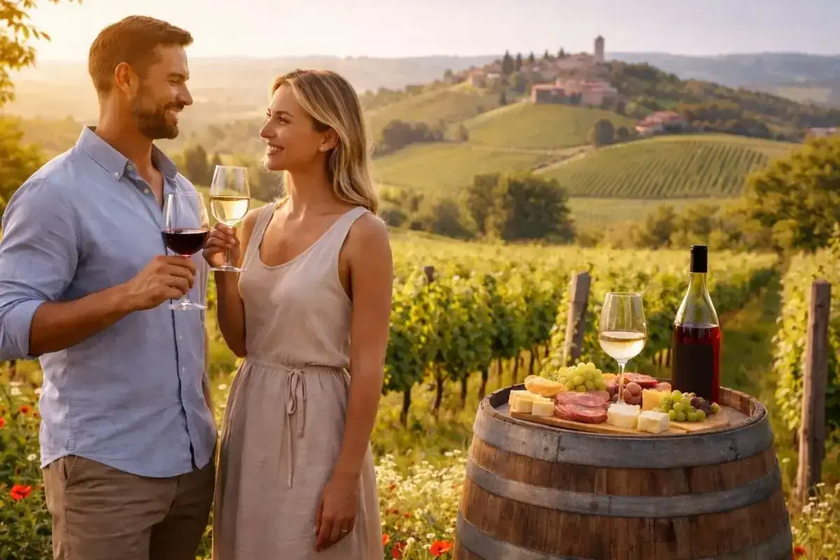 Coppia brinda con vino in vigneto, ispirazione per chi vuole imparare come diventare enologo e creare vini pregiati.