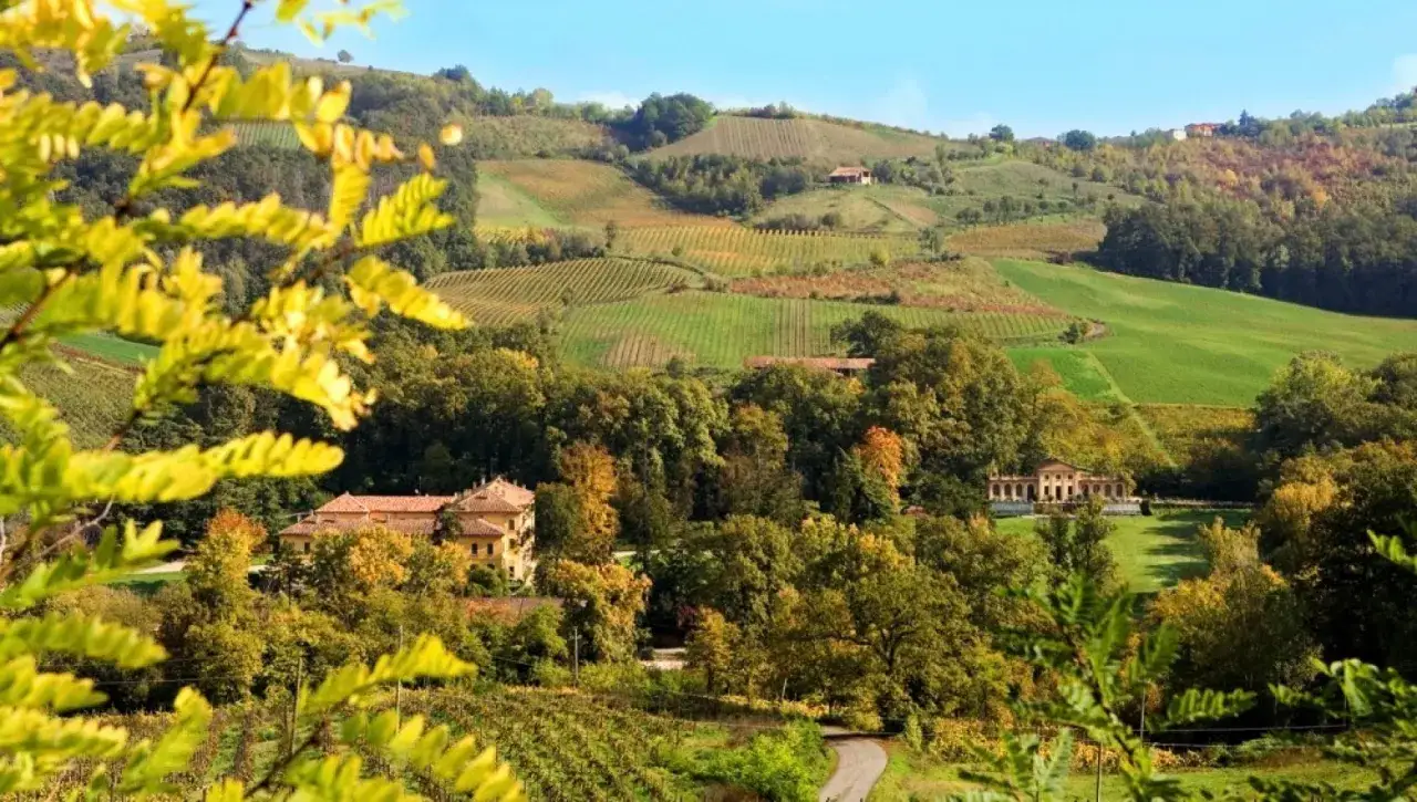 Colline autunnali con vigneti e alberi colorati, dove si intravedono antiche ville. Un paesaggio incantevole che ricorda il borgo del monte antico Varzi.