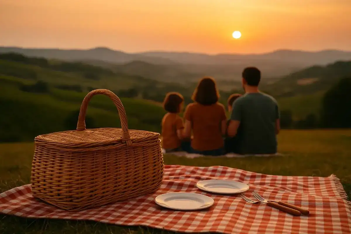 Famiglia in un magico pic nic oltrepo pavese al tramonto, con cesto e piatti pronti per la cena.