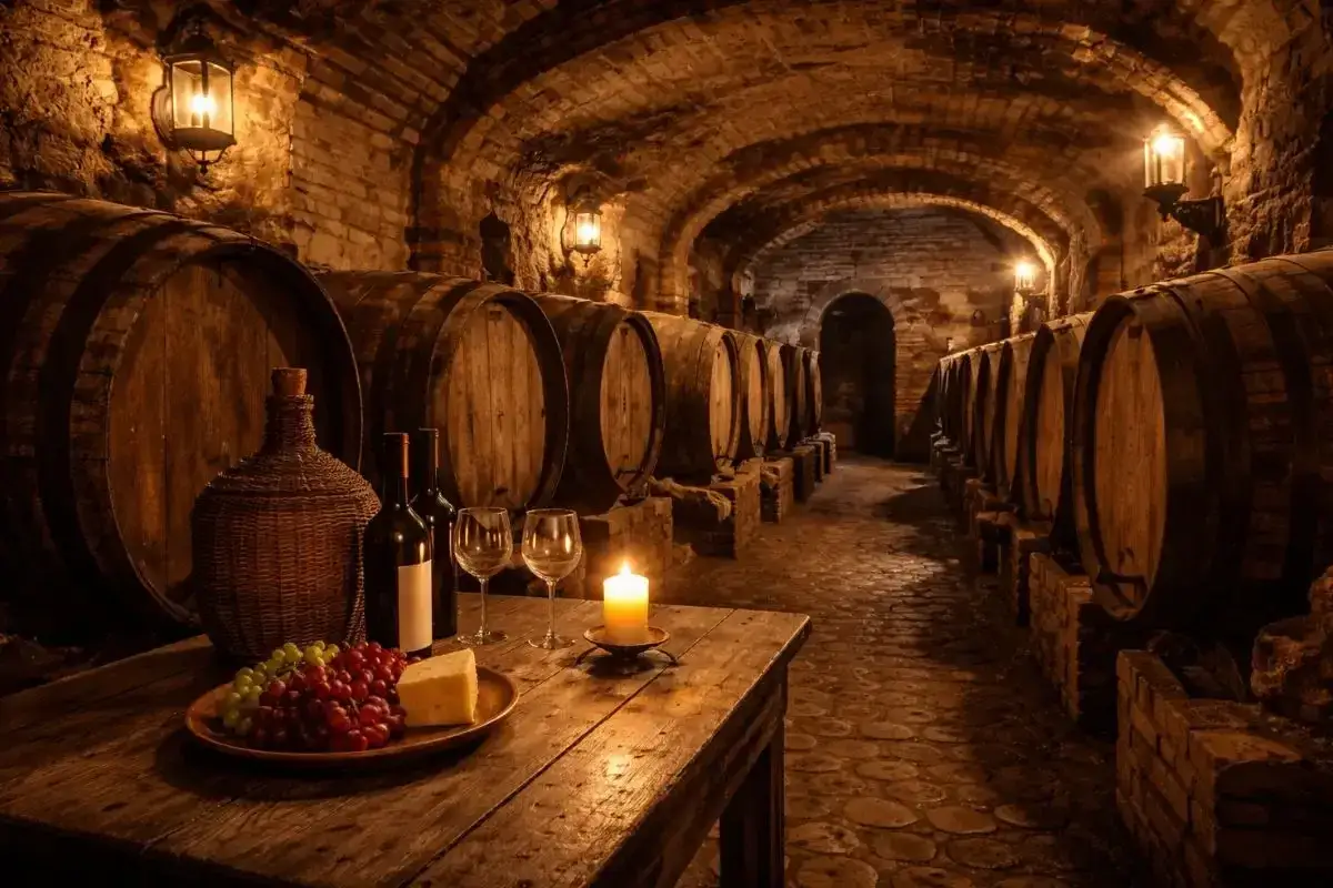 Cantina con botti, uva, formaggio e tre bicchieri pronti per una degustazione.